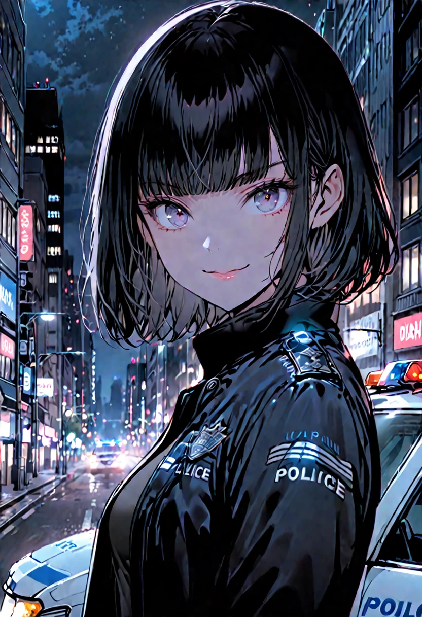 solo, female, medium shot, sfw, short hair, black hair, straight bangs, blue police jacket, large black jacket, night, smile, city, police car