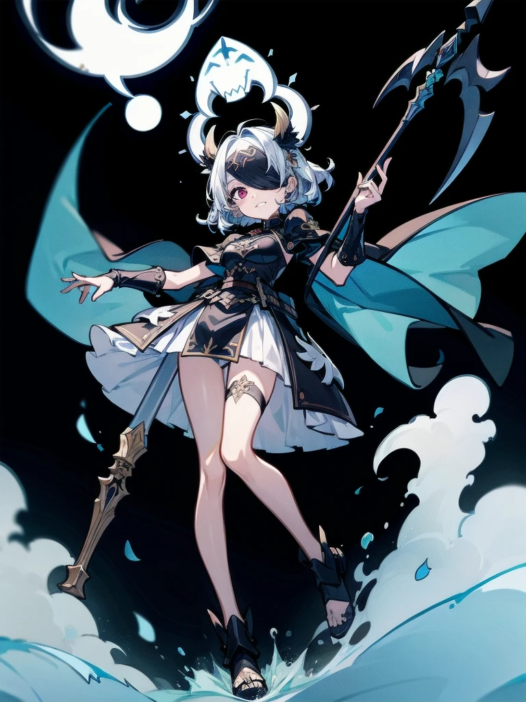 ((one-eyed blindfold)), holy paladin, scythe, dark Heavy armor, absurdres, RAW photo, extremely delicate and beautiful, masterpiece, Best Quality, ultra high resolution, 32k, hyperrealistic, ultra-detailed, detailed description, pale skin, 20 years old, tearful mole, earring, Colossal tits, short medium hair, wavy hair, evil grin, full body shot,