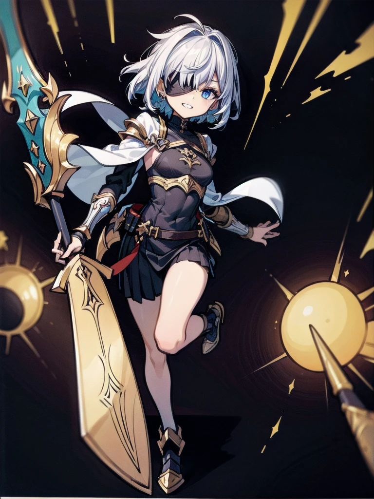 ((one-eyed blindfold)), holy paladin, scythe, dark Heavy armor, absurdres, RAW photo, extremely delicate and beautiful, masterpiece, Best Quality, ultra high resolution, 32k, hyperrealistic, ultra-detailed, detailed description, pale skin, 20 years old, tearful mole, earring, Colossal tits, short medium hair, wavy hair, evil grin, full body shot,