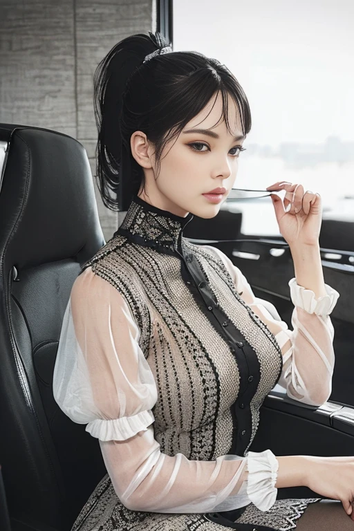 ((Top Quality、16K、masterpiece:1.3))、a tall and beautiful woman、Perfect Figure:1.4、(gothic aesthetic) Slim Abs、Tessa Thompson, (goth girl) black hairstyle、long hair、No postural movement、Stand up straight、Huge bust、Highly detailed facial and skin texture、(A detailed eye, Symmetry Eyes, Clear realistic eyes, Double eyelidd、Cold-stricken face、Symmetrical face), pale-white skin (illuminated, realistic shading sound), goth makeup, Royal sisters full of fans、The Telegraph Esbian、peach buttocks、(black gothic Knit Dress, Very Tight Knit), cleavage, squart、(Raw foto:1.2)、((Photorealcitic:1.4))Top Quality、masterpiece、Real Photography、very delicate and beautiful.、super detailed CG、Unity、8K photo wallpaper、delicate detail、best qualtiy、Highly detailed CG unity 8k wallpaper、absurderes、Incredibly Absurd、huge file size、extremely highly detailed、Hight Resolution、ighly Details、Beautiful detail girl、extremely detailed eyes and face、beautiful delicate eyes、Facial light、cinematic lightings、(big hips, thick thighs, beautiful legs, black pantyhose) 1girll、see -through,Watch your audience, Plane Air, high ponytail、ulzzang-6500、The Telegraph Esbian, different poses at different angles,