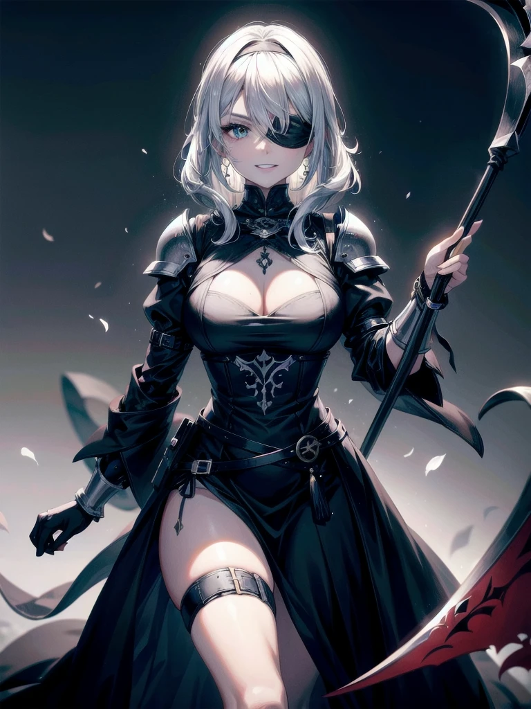 ((one-eyed blindfold)), holy paladin, scythe, dark Heavy armor, absurdres, RAW photo, extremely delicate and beautiful, masterpiece, Best Quality, ultra high resolution, 32k, hyperrealistic, ultra-detailed, detailed description, pale skin, 20 years old, tearful mole, earring, Colossal tits, short medium hair, wavy hair, evil grin, full body shot,