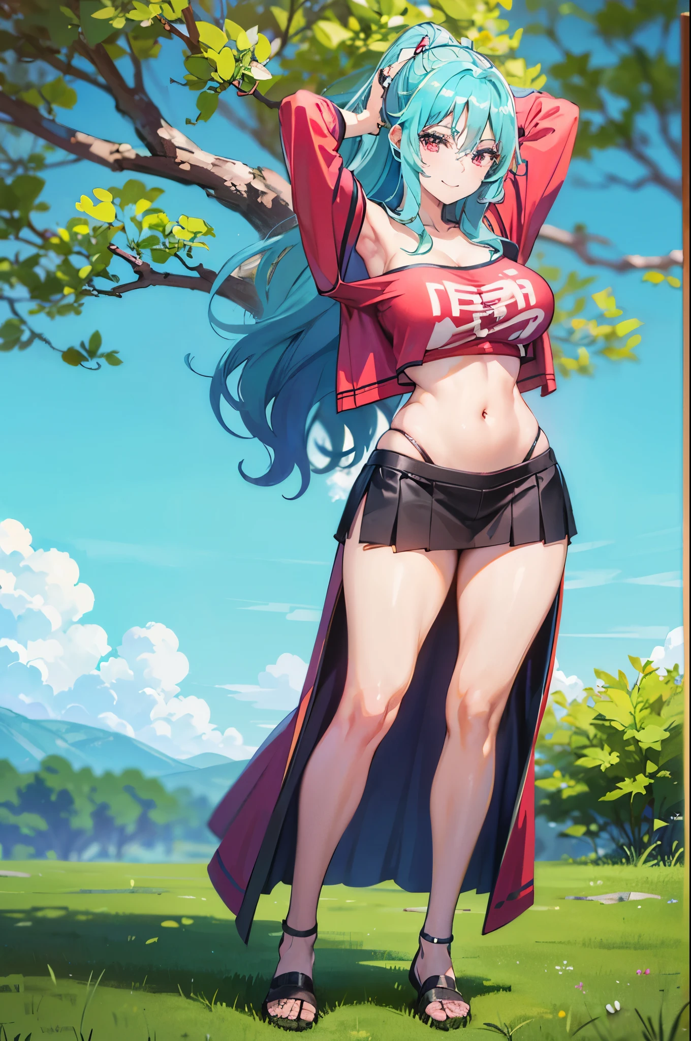 realistic image, detailed image, coherent image, 1 beautiful girl, she has very long hair, light blue hair, red eyes, smiling expression. She is wearing an off-the-shoulder t-shirt, showing her navel, a pleated miniskirt, She has a curvy body, large breasts and thick thighs, She is posing sensually with her arms holding a katana, arching her back, medieval setting, surrounded by trees, surrounded by flowers, Soft focus, full body view, Dramatic shadows, Volumetric lighting, natural lighting,