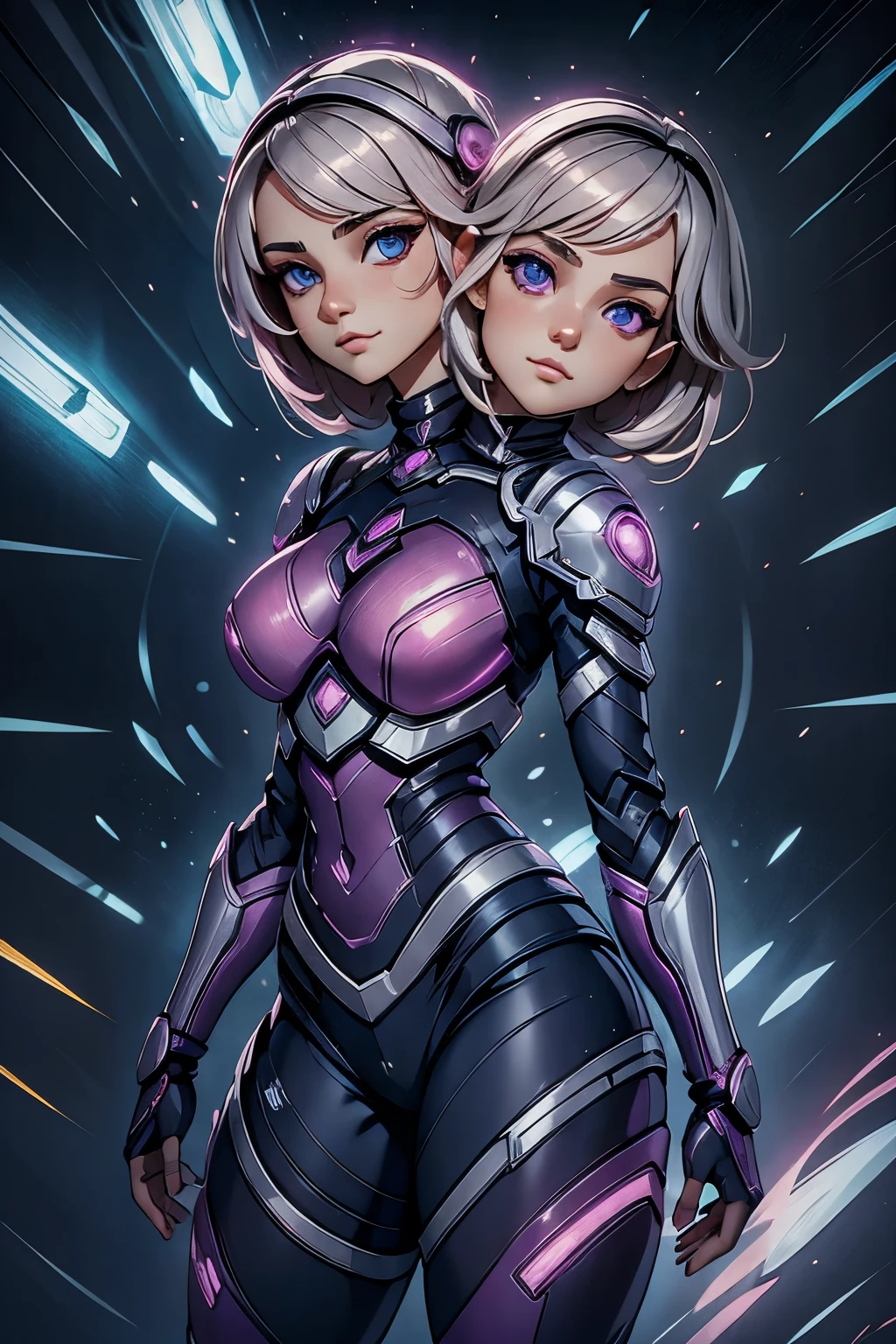 conjoined, 2heads, girl with two heads instead of one, 2head, cuerpo curvilineo, caderas anchas, brazos curvilineos, usando shorts, ropa abrigada, usando Cyberarmor, Cyberarmor, armadura futurista, armadura blanca, armadura que cubre los pechos, armadura con luces brillantes, bien sombreada, luces purpura de fondo, color fucsia de fondo, safe for work, armadura que cubre el torso