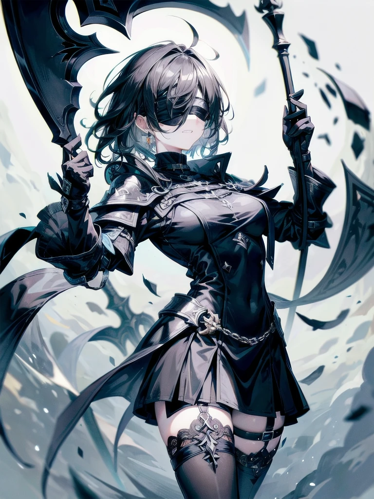 ((one-eyed blindfold)), holy paladin, scythe, dark Heavy armor, absurdres, RAW photo, extremely delicate and beautiful, masterpiece, Best Quality, ultra high resolution, 32k, hyperrealistic, ultra-detailed, detailed description, pale skin, 20 years old, tearful mole, earring, Colossal tits, short medium hair, wavy hair, evil grin, full body shot,
