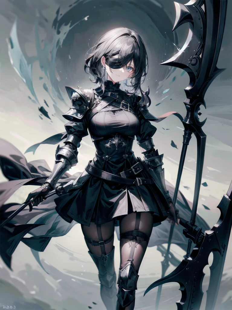((one-eyed blindfold)), holy paladin, scythe, dark Heavy armor, absurdres, RAW photo, extremely delicate and beautiful, masterpiece, Best Quality, ultra high resolution, 32k, hyperrealistic, ultra-detailed, detailed description, pale skin, 20 years old, tearful mole, earring, Colossal tits, short medium hair, wavy hair, evil grin, full body shot,