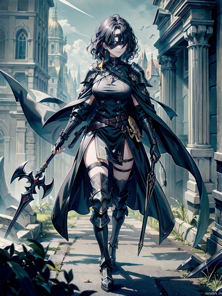 ((one-eyed blindfold)), holy paladin, scythe, dark Heavy armor, absurdres, RAW photo, extremely delicate and beautiful, masterpiece, Best Quality, ultra high resolution, 32k, hyperrealistic, ultra-detailed, detailed description, pale skin, 20 years old, tearful mole, earring, Colossal tits, short medium hair, wavy hair, evil grin, full body shot,