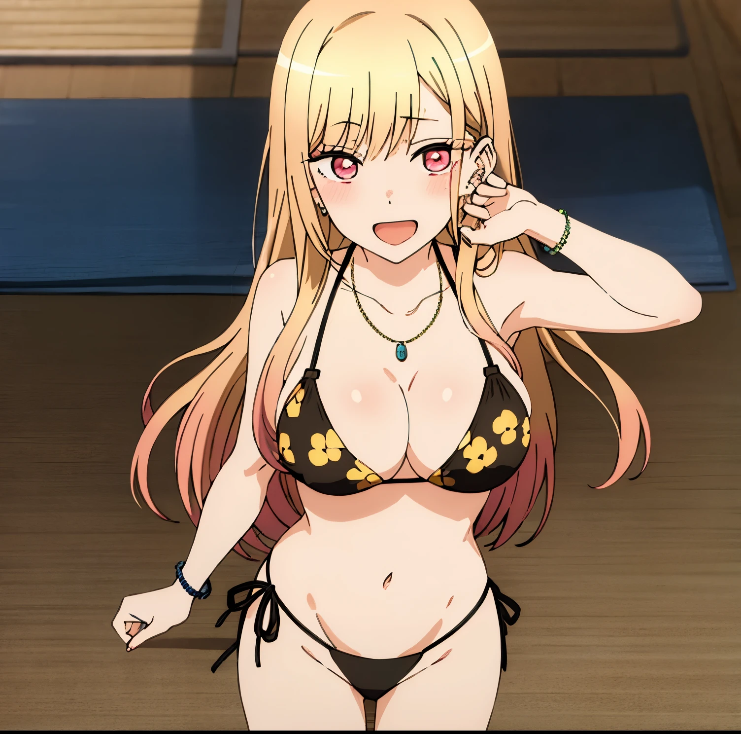 1girl, alone, Marin Kitagawa, long hair, blonde hair, pink tips, pink eyes, open mouth, embarrassed, seductive, smiling, open mouth, sexy posture, earrings in her ears, necklace around her neck, blue bracelet in her hand left, bracelet with red balls on her right hand, pink lipstick, right hand holding hip, black bikini, black bra, black string thong, Print, floral print, light yellow flower print, lying on the sand, Beach, Sea, Lighthouse on the coast, sunny, sunset, good lighting, large breasts, medium waist, medium hips, wide thighs, perfect hands, painted nails,  perfect anatomy,