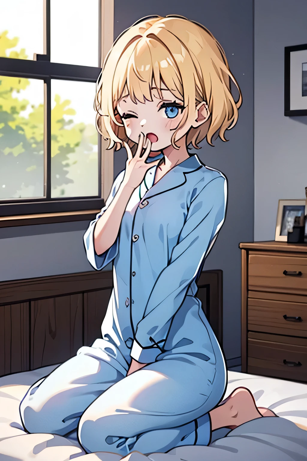 1girl, solo, flat breasts, clear skinned female:1.2, ,(clear skin:1.8), blonde hair, short hair, pixie cut, wavy hair, blue eyes, one eyes closed, wake up yawn, open mouth, covering mouth, pijamas, (white pijamas), window, morning, looking at viewer, sitting, seiza, waking up, on bed, full body,  ((ultra detailed, masterpiece, best quality, 8k))
