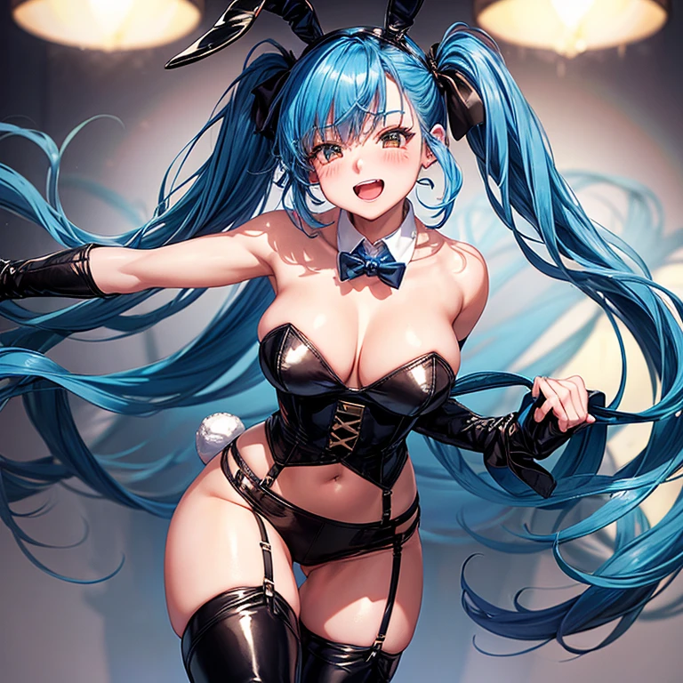 woman,20-year-old,, venue,night,(((Bunny girl))),Laughing with your mouth open((Leather thigh-high boots))(garter belt),((Blue hair in twin tails)),blush、Surprised face,Knitted tights,Cleavage,Great style