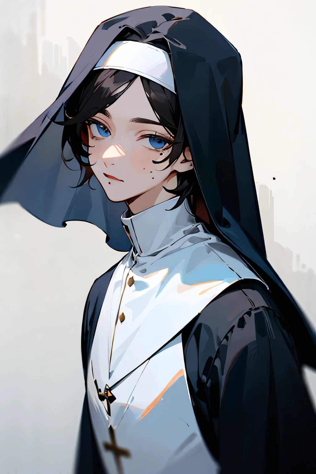 Male, Dark hair, Blue eyes, nun outfit, mole under eye