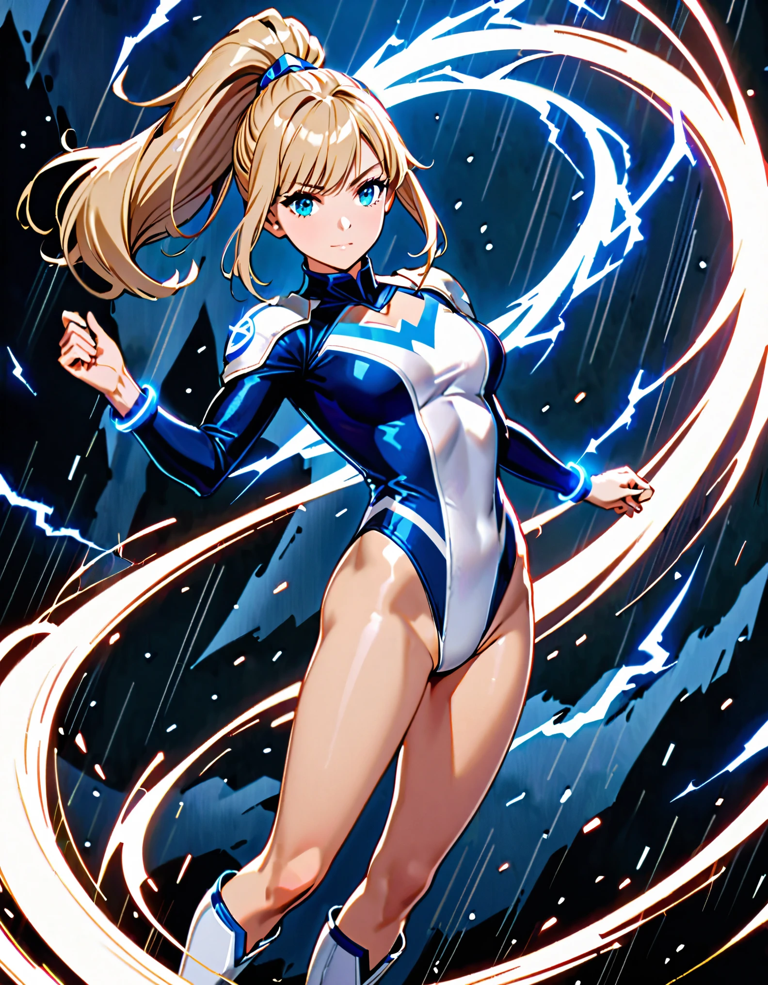 1girl, tall body, light blonde hair, aquamarine eyes, boots, breasts, bracelets, hair ornament, (shoulder-length hair, ponytail, bangs), full body with costume, (leotard, perfect leotard, gymnast outfit leotard, white leotard with blue accents, bare legs), hi-tech shoulder pads, (white boots), medium breasts, perfect hands, complete fingers, perfect anatomy, perfect proportions, solo, solo focus, superhero, ((blue lightning logo on chest)), beautiful detailed eyes, beautiful detailed face, age 18, asuka suit. crossed arms. she spins at an incredible speed, creating a whirlwind of air around her, she spins at super speed, spiral lines and tornado winds round her.