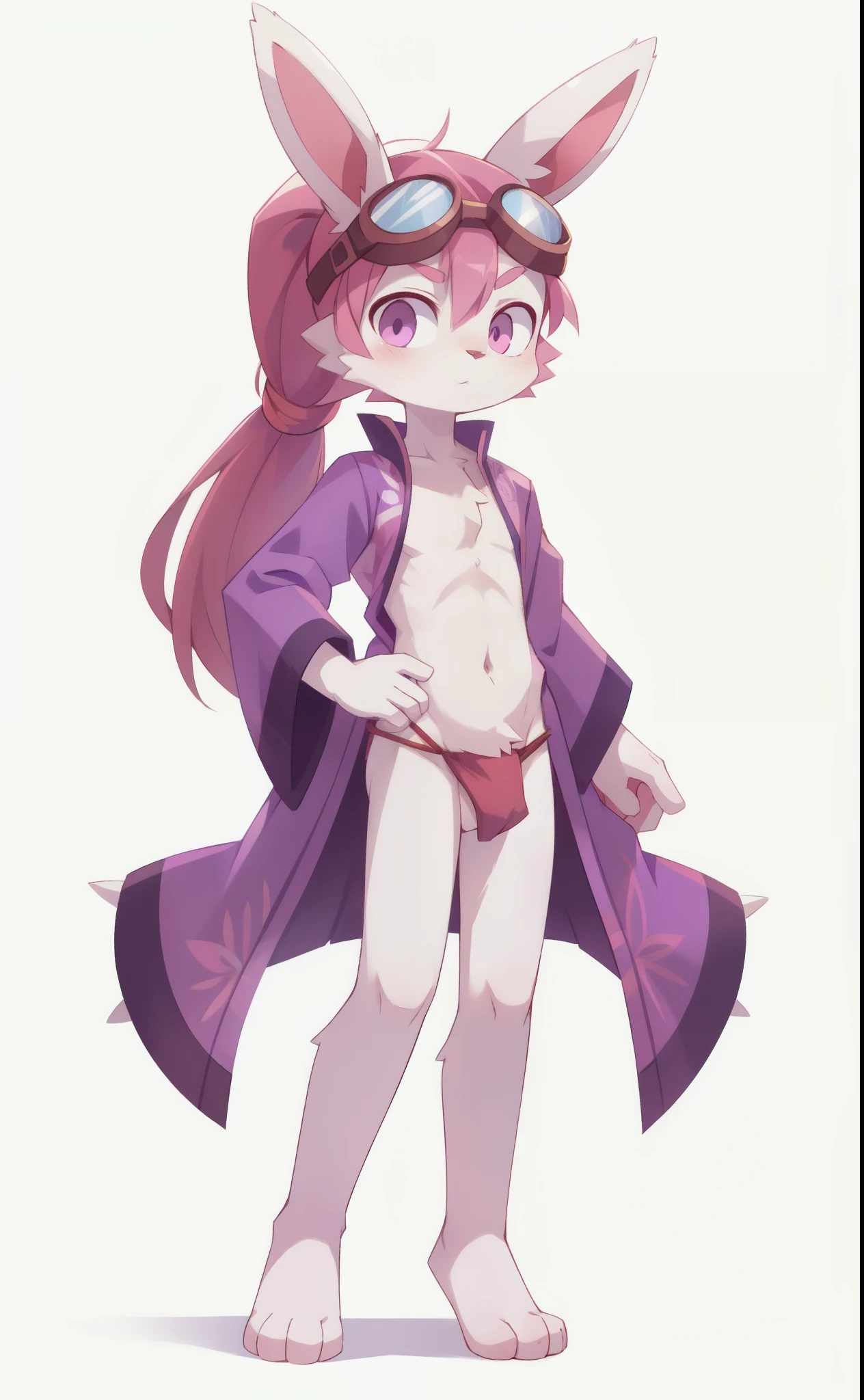 full-length_portrait, furry shota, rabbit, long rabbit ears, pink hair, long spiky ponytail, spiky hair, detailed body fur, pink eyes, ((purple kimono, open clothes, red fundoshi, goggles)), looking at you, white body fur, detailed face, big eyebrows, detailed eyes, detailed body, simple background, white background, detailed hands, flat body, glistering body, shiny body, skinny, spectacular effects, :3, perfect lighting, perfect shadows, perfect eyes, perfect hair, perfect face, gorgeous body, full body, feets with three toes, 3 toes, standing, solo,