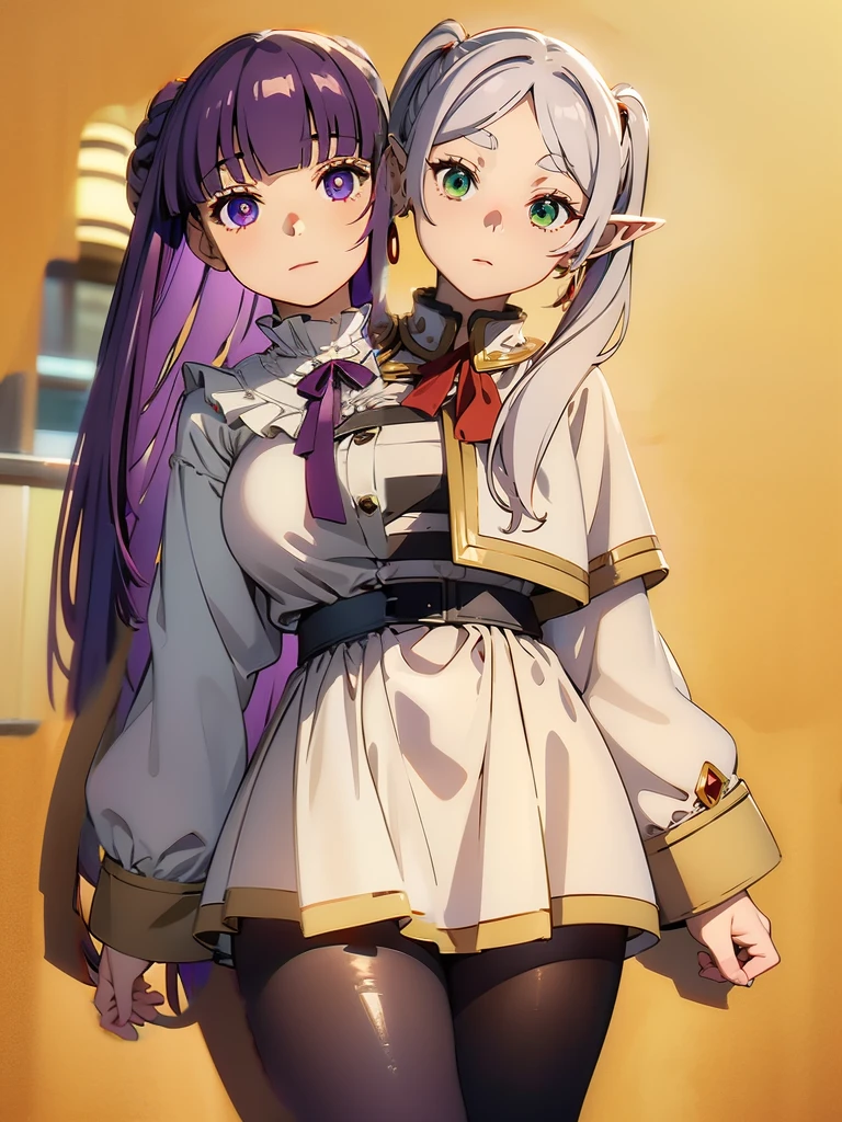 è²ä1/4¦,1girl,solo,purple hair,long hair,purple eyes,blunt bangs,sidelocks,half updo,bright pupils, hair ornament,frilled collar,black robe,white dress,center frills,buttons,wide sleeves,long sleeves,curvy,cowboy shot,, Exquisite visuals, high-definition,masterpiece,best quality,, 20yo,Young female,Beautiful Finger,Beautiful long legs,Beautiful body,Beautiful Nose,Beautiful character design, perfect eyes, perfect face,expressive eyes, looking at viewer, official art,extremely detailed CG unity 8k wallpaper, perfect lighting,Colorful, Bright_Front_face_Lighting,shiny skin, (masterpiece:1.0),(best_quality:1.0), ultra high res,4K,ultra-detailed, photography, 8K, HDR, highres, absurdres:1.2, Kodak portra 400, film grain, blurry background, bokeh:1.2, lens flare, (vibrant_color:1.2), (beautiful_face:1.5),(narrow_waist), ,NSFW,