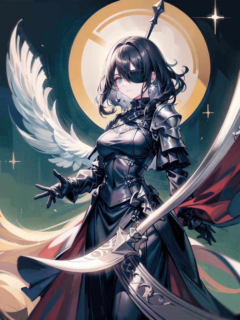 ((one-eyed blindfold)), holy paladin, scythe, dark Heavy armor, absurdres, RAW photo, extremely delicate and beautiful, masterpiece, Best Quality, ultra high resolution, 32k, hyperrealistic, ultra-detailed, detailed description, pale skin, 20 years old, tearful mole, earring, Colossal tits, short medium hair, wavy hair, evil grin, full body shot,
