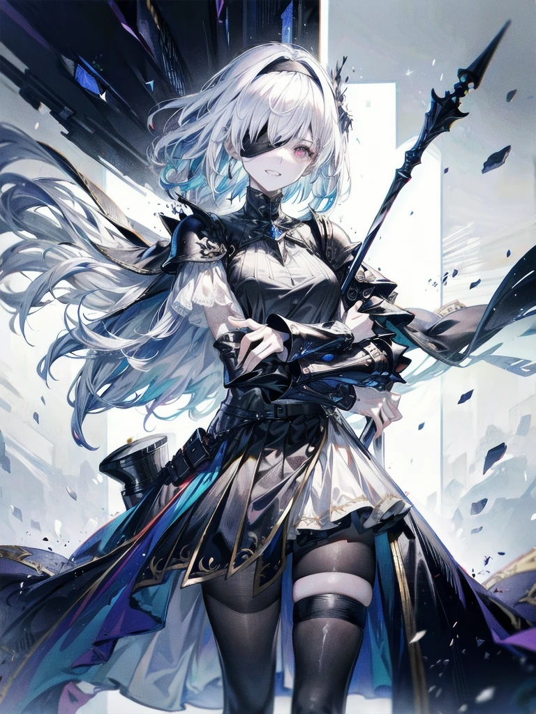 ((one-eyed blindfold)), holy paladin, scythe, dark Heavy armor, absurdres, RAW photo, extremely delicate and beautiful, masterpiece, Best Quality, ultra high resolution, 32k, hyperrealistic, ultra-detailed, detailed description, pale skin, 20 years old, tearful mole, earring, Colossal tits, short medium hair, wavy hair, evil grin, full body shot,