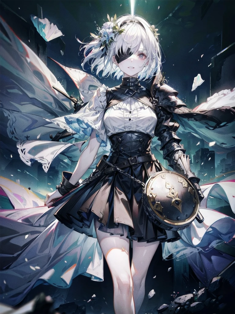 ((one-eyed blindfold)), holy paladin, scythe, dark Heavy armor, absurdres, RAW photo, extremely delicate and beautiful, masterpiece, Best Quality, ultra high resolution, 32k, hyperrealistic, ultra-detailed, detailed description, pale skin, 20 years old, tearful mole, earring, Colossal tits, short medium hair, wavy hair, evil grin, full body shot,