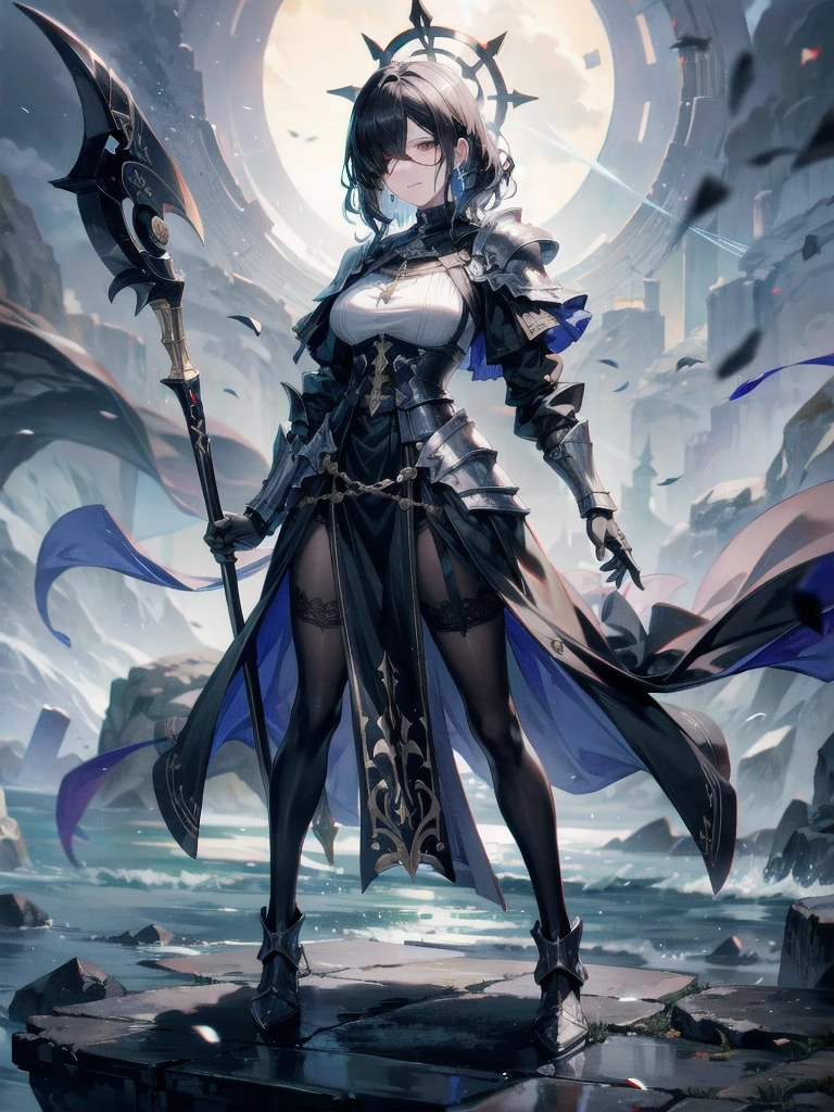 ((one-eyed blindfold)), holy paladin, scythe, dark Heavy armor, absurdres, RAW photo, extremely delicate and beautiful, masterpiece, Best Quality, ultra high resolution, 32k, hyperrealistic, ultra-detailed, detailed description, pale skin, 20 years old, tearful mole, earring, Colossal tits, short medium hair, wavy hair, evil grin, full body shot,