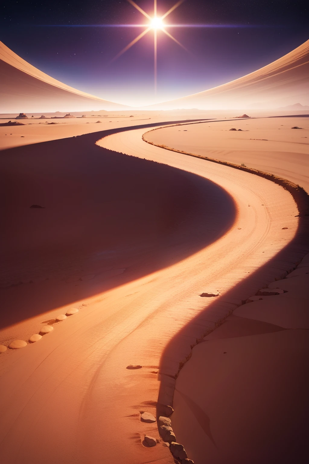 Planetaroas, a breathtakingly beautiful arid planet,boasts a stunningly ultradetailed sky. The celestial dome above is a canvas painted with exquisite details; swirling patterns of orange, red, and brown represent the desert landscape below. Sunrays filter through the thin, clear atmosphere, casting long shadows on the parched terrain.
As the gentle breeze picks up small particles of dust, the solar disk begins to descend, illuminating the rocky terrain with an ethereal glow. The purplish hue casts an enchanting light on the plants, which have adapted to the harsh desert conditions. The trees, with their twisting trunks and