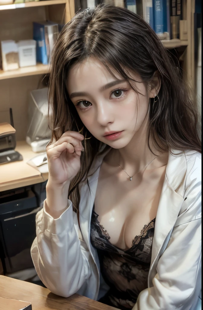 highest quality, detailed, beautiful, insanely detailed, Absurd,Perfect Anatomy,
Japanese women,Black Hair,27 years old,
(thin),
(Small breasts),
thought, Serious expression, (put it on your chin), Long Hair, office lady,(Cream skirt, Long sleeve, Cream jacket:1.1), Light Blue Blouse,(Cleavage:1.3),Earrings, At work, Wide Shot, From above