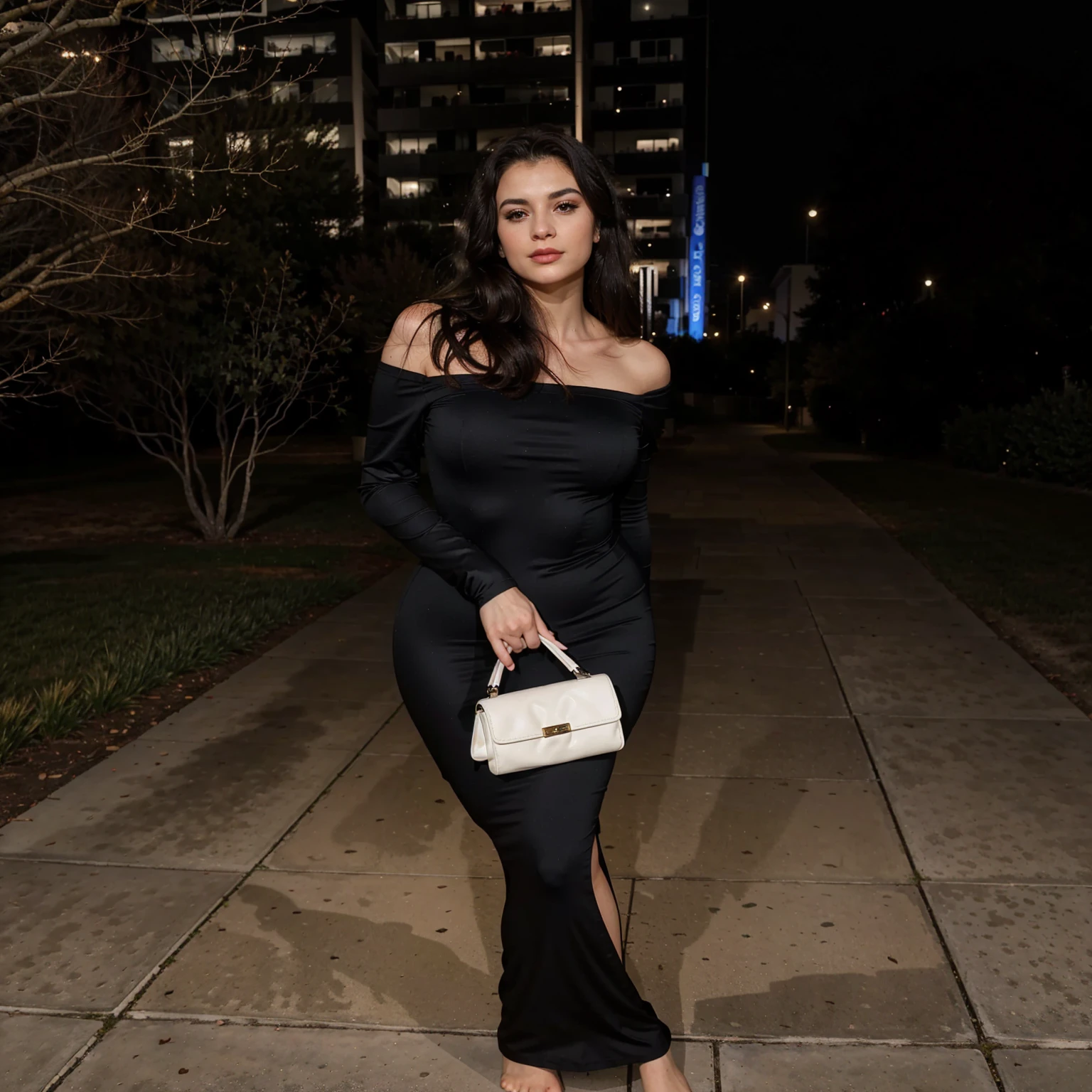 araffe woman in Robe noire posing for a picture at night, toute la longueur du corps, wearing a tight Robe noire, toute la longueur du corps shot, Robe noire, an elegant woman in Robe noire, she is wearing a Robe noire, porter une robe longue, pris la nuit, Robe noire, longue robe, tight dress, Porte une tenue élégante, Enregistrement complet, European face