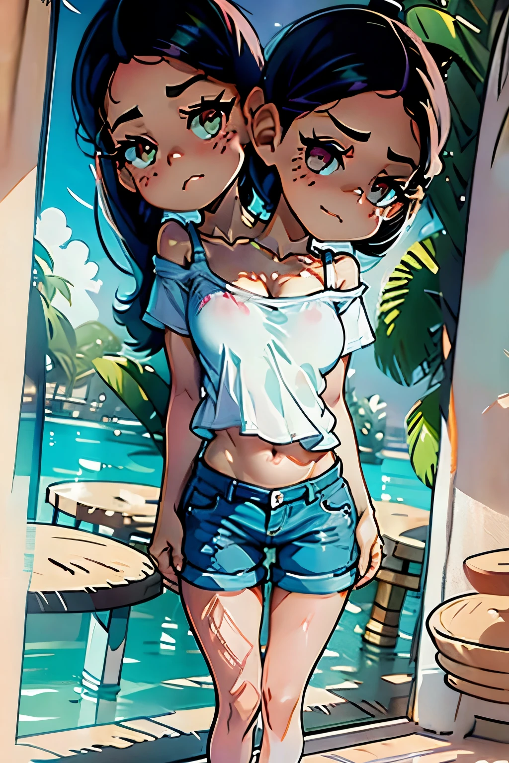 conjoined, 2heads, girl with two heads instead of one, 2head, cuerpo curvilineo, caderas anchas, brazos curvilineos, usando shorts, ropa abrigada