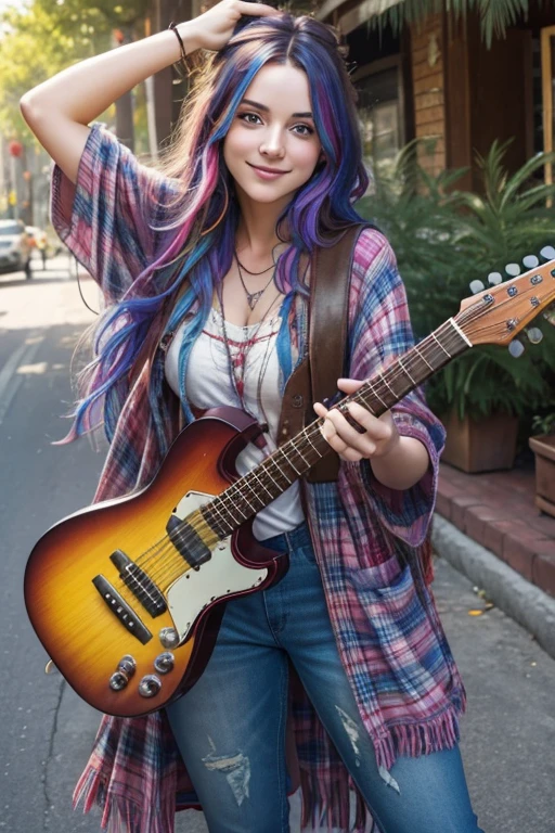 happy young adult ragged hippie woman with long colorful hair carrying a guitar and bottles of drink