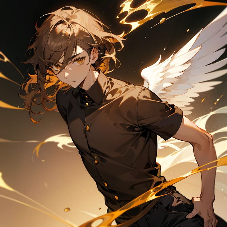 Winged angel young and tall brown man, slim build, pale skin, golden eyes, short wavy brown hair with golden highlights, black wingless shirt, casual clothing.