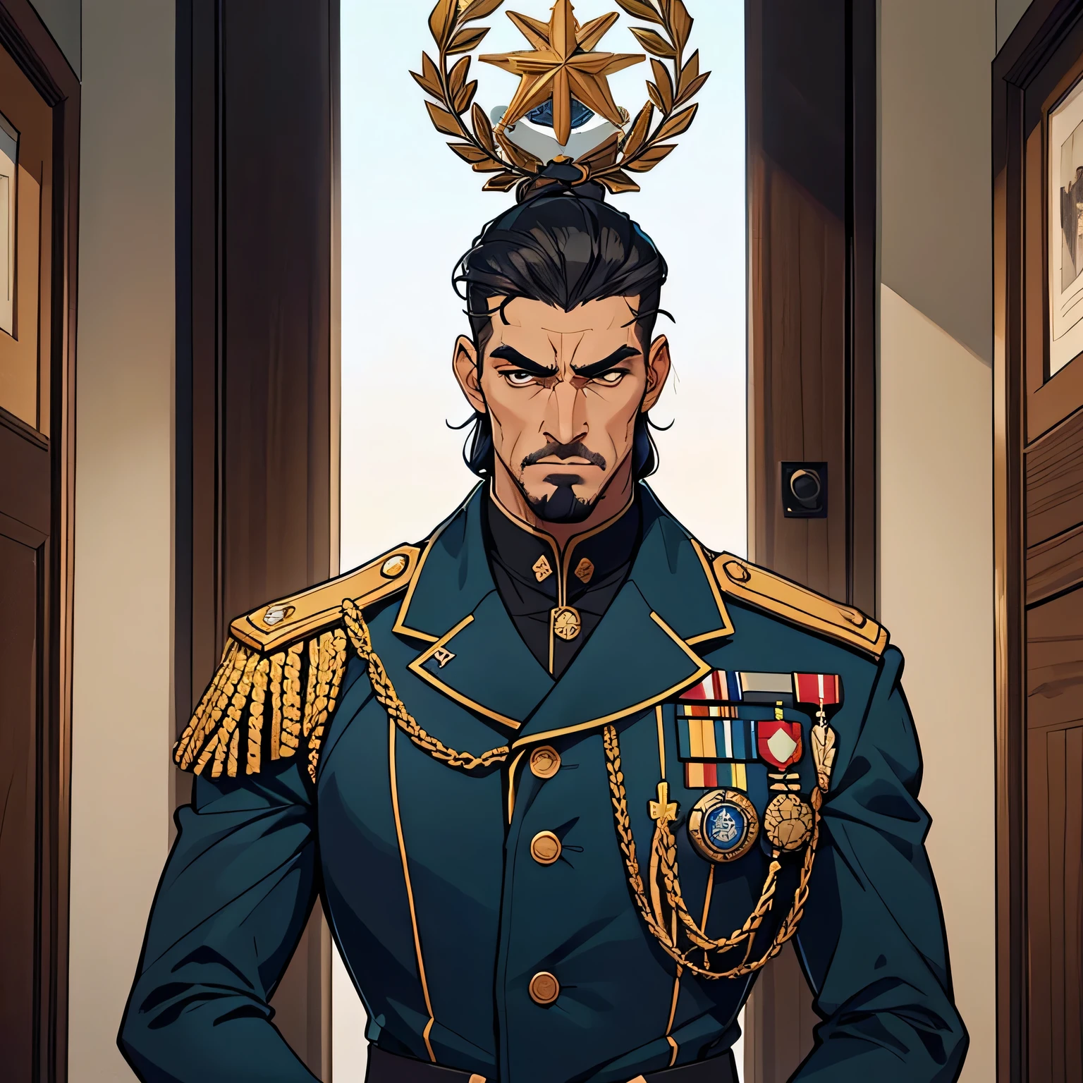 Souza is a man of medium to tall height, with an erect and imposing posture that reflects his authority as a military leader. His facial features are marked by determination and seriousness., with piercing eyes that reveal your resolve. Ele tem cabelos curtos e escuros, often styled in a discreet and practical way. His way of dressing is formal and military, with well-kept uniforms and badges indicating his rank as Captain of the Sapphire Army.