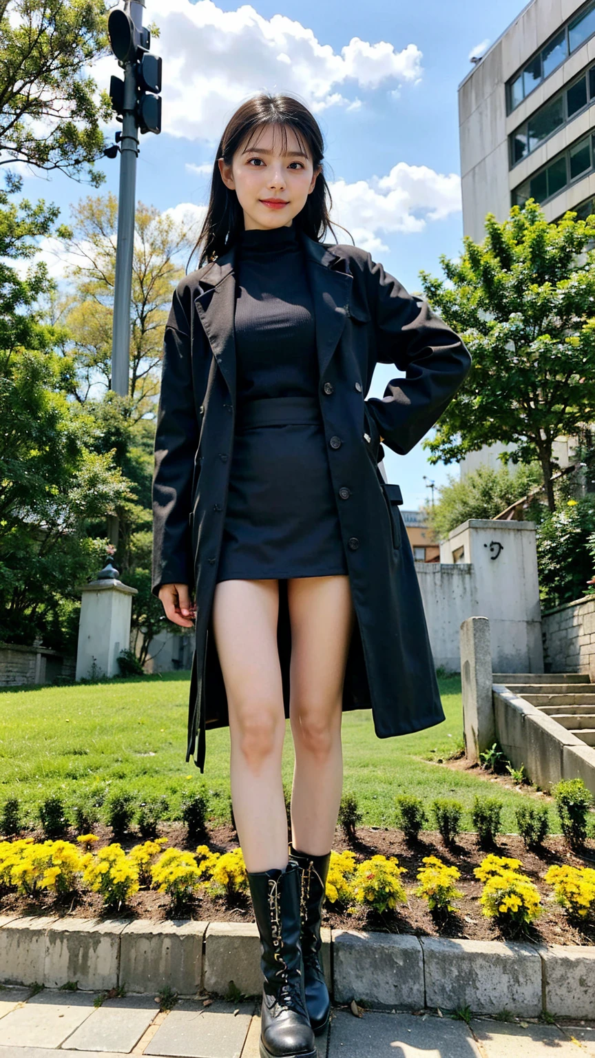 (8k、RAW Photos、highest quality、masterpiece:1.2)、(Realistic、Realistic)、1 girl、((mini skirt、Black Coat、Large Breasts、View from the front、garden、boots、Standing))、Lots of eyelashes、Glowing eyelids、skeletally correct