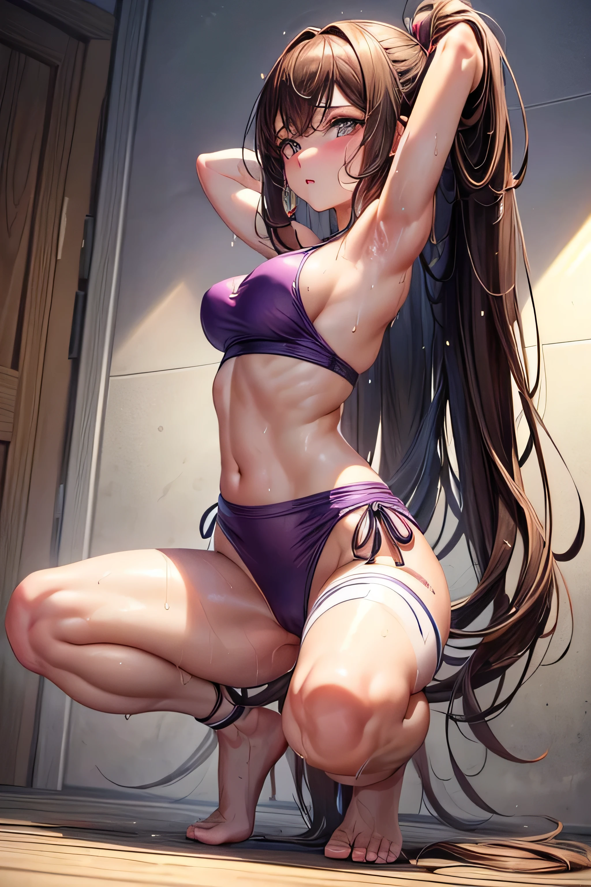 (Very detailed, highest quality, Anatomically perfect body), One girl, Anime Girls, Long brown hair, dark brown eyes, White skin,[[pale skin]],Glowing Skin, heart shaped pupils, Large Breasts,beautiful breasts,pointy breasts,(Big Ass),beautiful ass,Embarrassed,Tank Top,purple swimsuit,lower body,sweat,wet,squatting,(open legs),Groin tattoo,glowing tattoo, (I want to pee:1.1), (The urge to pee:1.3), (A person who pees alone:1.1), (An urgent need to go to the toilet:1.2), bladder full,(Pee:1.1),(Peeing),(shame), (water),