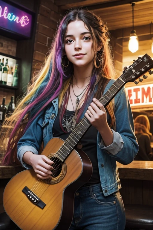 happy young adult ragged hippie woman with long colorful hair carrying an acoustic guitar in a bar with bottles of drink around her