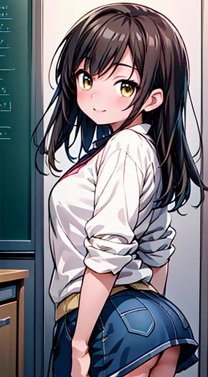 High resolution 8K, Browsing Caution, Bright lighting, Anime Style, Film Portrait Photography, 1 Female, Dynamic Angle, Dynamic pose, Narrow Face, a smile, smile, Beautiful woman, ((Sexy Woman)), A woman with short brown hair.Slightly chubby,The breasts are small,The butt is small,Brown eyes, Woman in yellow shirt, Adult women, Wear shorts, Animated characters in a scene with a sky background, Your Name movie style, Stills in TV anime, yourname, fiona staples and makoto shinkai, makoto shinkai and bioware, guweiz and makoto shinkai, Anime stills, Animated film stills, Anime movie screenshots, (Natural skin texture and vivid details, Ultra-realistic)