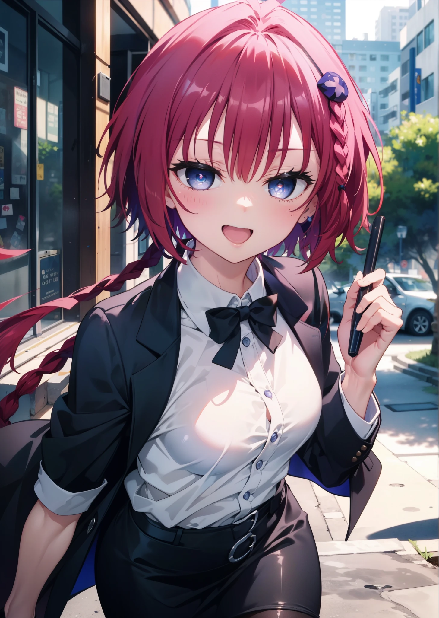 (masterpiece, highest quality:1.2),shape,8k,High resolution,kurosaki mea,まるでwhole bodyがイラストの中にいるかのように,1 girl,happy smile, smile, Open your mouth,Red Hair,Long braids,Upper Body,(Portraiture:1.2),hair ornaments,smile,Purple eyes,Medium Chest,White hair band,OL, end, Black suit jacket, Collared jacket, White dress shirt, Short sleeve,Collared shirt, Neckline, button, Black pencil skirt, Black pantyhose,Stiletto heels,morning,morning陽,The sun is rising,Walking,whole bodyがイラストに入るように,
break looking at viewer,whole body,
break outdoors, Building district,
break (masterpiece:1.2), highest quality, High resolution, unity 8k wallpaper, (shape:0.8), (Fine and beautiful eyes:1.6), Highly detailed face, Perfect lighting, Highly detailed CG, (Perfect hands, Perfect Anatomy),
