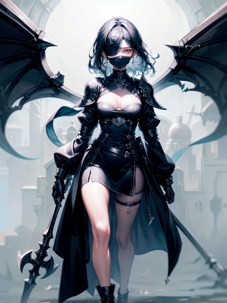 ((one-eyed blindfold)), holy paladin, scythe, dark Heavy armor, absurdres, RAW photo, extremely delicate and beautiful, masterpiece, Best Quality, ultra high resolution, 32k, hyperrealistic, ultra-detailed, detailed description, pale skin, 20 years old, tearful mole, earring, Colossal tits, short medium hair, wavy hair, evil grin, full body shot,