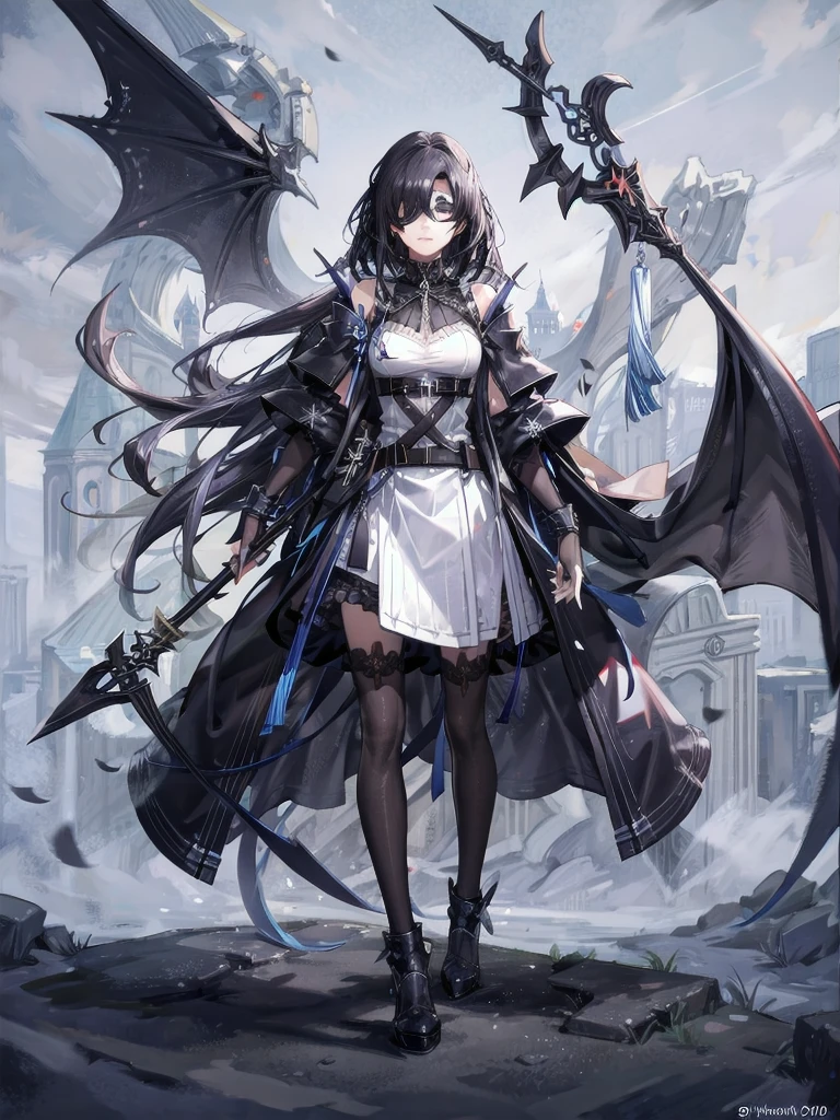 ((one-eyed blindfold)), holy paladin, scythe, dark Heavy armor, absurdres, RAW photo, extremely delicate and beautiful, masterpiece, Best Quality, ultra high resolution, 32k, hyperrealistic, ultra-detailed, detailed description, pale skin, 20 years old, tearful mole, earring, Colossal tits, short medium hair, wavy hair, evil grin, full body shot,