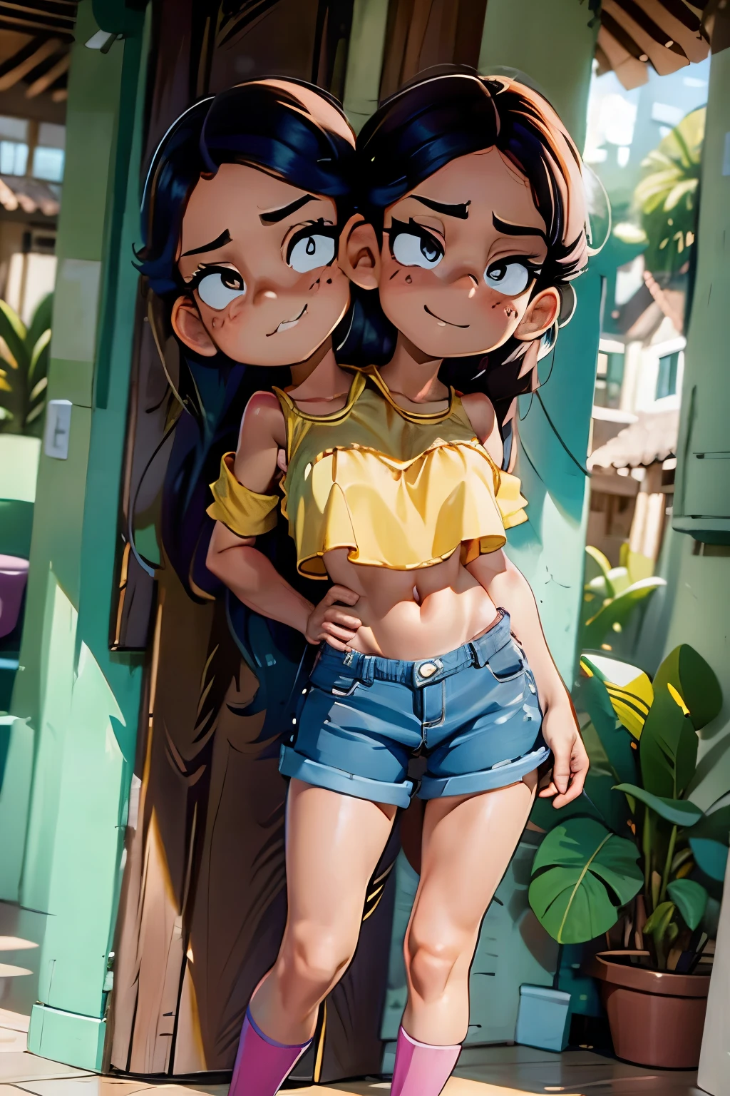 conjoined, 2heads, girl with two heads instead of one, 2head, cuerpo curvilineo, caderas anchas, brazos curvilineos, usando shorts, ropa abrigada