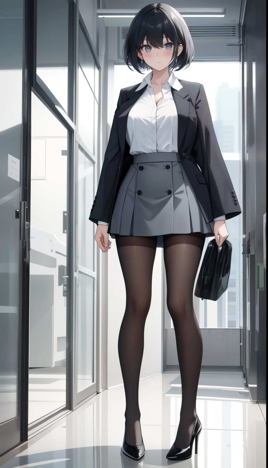 One Girl、positive、Standing posture、Full body portrait、Black Hair、Medium Haircut、blush、Absolute area、Black knee-high socks、Knee-length、stockings、Black Pantyhose、White underwear、Light blue shirt、Blue-gray business suit、Grey tight mini skirt、Japanese office lady、Summer clothes、office、Daytime、(Very large breasts)、Cleavage、open chest shirt、((Lesbians all over the world))、masterpiece、(highest quality)、
Panties around the ankles、Black high heels、Shirt buttons fly off