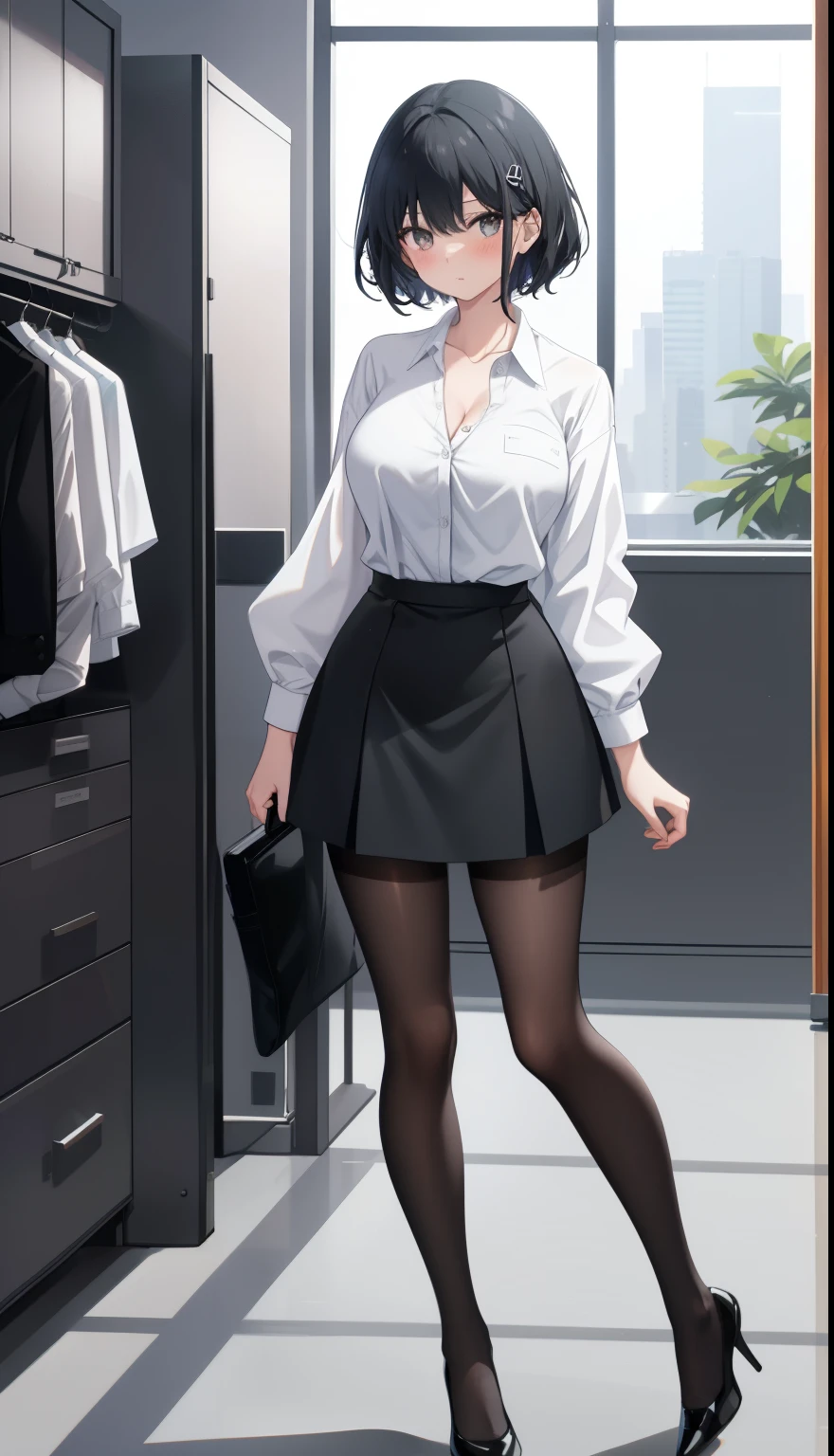 One Girl、positive、Standing posture、Full body portrait、Black Hair、Medium Haircut、blush、Absolute area、Black knee-high socks、Knee-length、stockings、Black Pantyhose、White underwear、Light blue shirt、Blue-gray business suit、Grey tight mini skirt、Japanese office lady、Summer clothes、office、Daytime、(Very large breasts)、Cleavage、open chest shirt、((Lesbians all over the world))、masterpiece、(highest quality)、
Panties around the ankles、Black high heels、Shirt buttons fly off