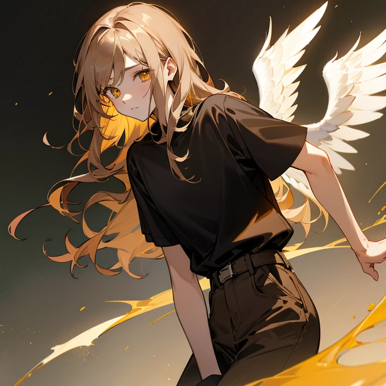 Winged angel with owl wings, young and tall, slim build, pale skin, golden eyes, short, wavy brown hair with golden highlights, black shirt without wings, casual clothing.