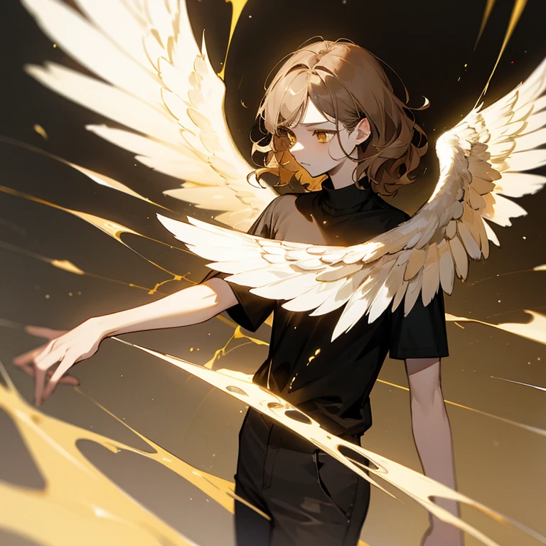 Winged angel with owl wings, young and tall, slim build, pale skin, golden eyes, short, wavy brown hair with golden highlights, black shirt without wings, casual clothing.