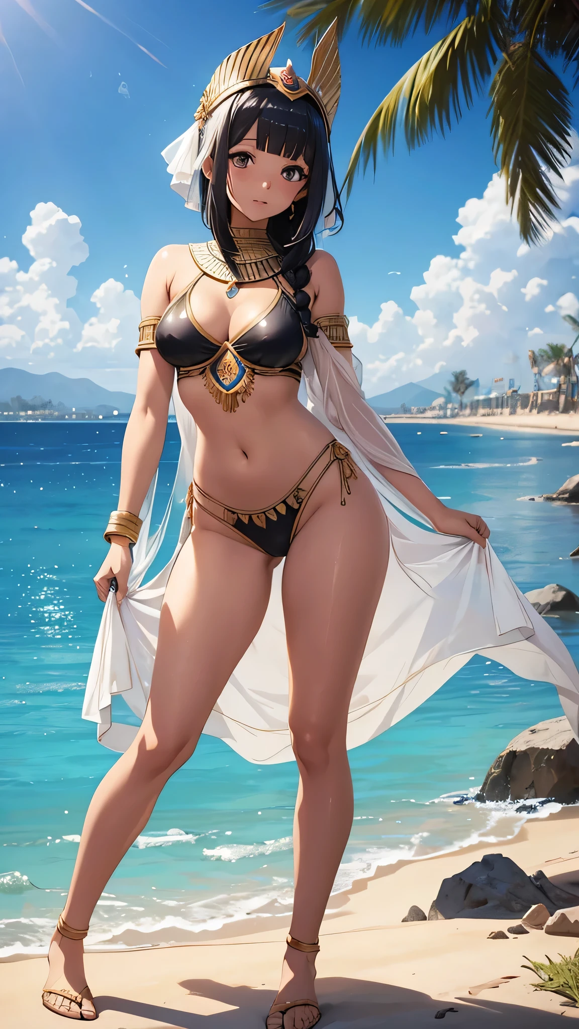 MahabharataPunkAI, see-through, clearswimsuit, +18, tan skin, beautiful, open legs, Egypt style, egypt girl, cute, 1 girl, 90%nude, side angle