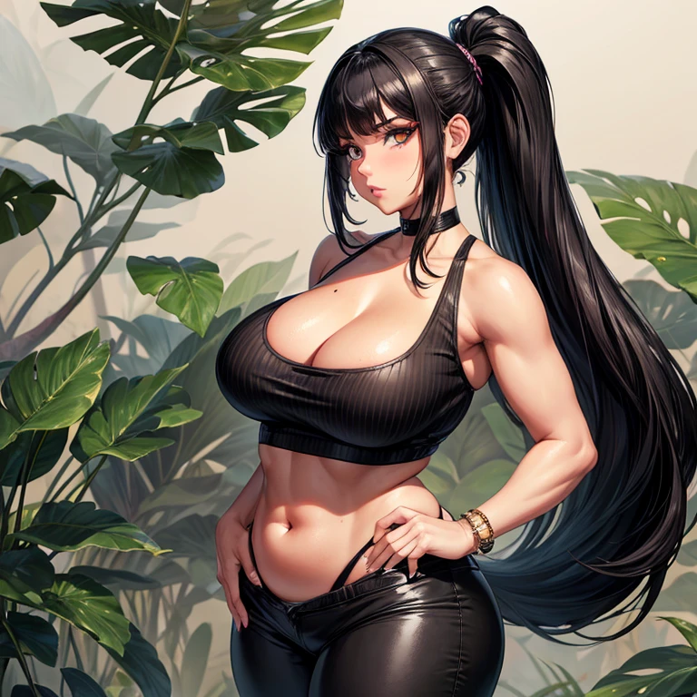 Frankie, solo, 1girl, Caucasian woman, late 30s, very long straight black hair, high ponytail at back, overweight, chubby, very large heavy breasts, fake tan, heavy eye shadow, mascara, eye contact, ribbed black crop too, camouflage combat pants