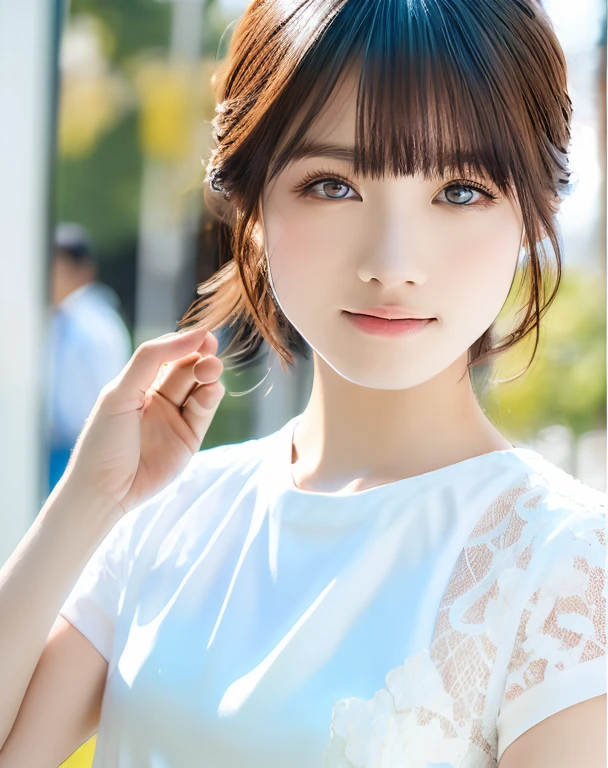 highest quality， One girl， solo， Close-up avatar。White short sleeve，Exquisite detail，Perfect detail，profile，White shirt，Short fine hair，Large Eyes，Iris，Shine，Edge Light，Long eyelashes，Based on physical rendering，Adorable，side，With a round face，smile，Close-up portrait of a ，8k,8k high quality detailed art, Beautiful 2D Portraits,Fireworks Background，Very high quality，masterpiece，need，Overlooking Chang&#39;an, Not sleeping，Fireworks head,,,(cowboy shot:1.4), , 
