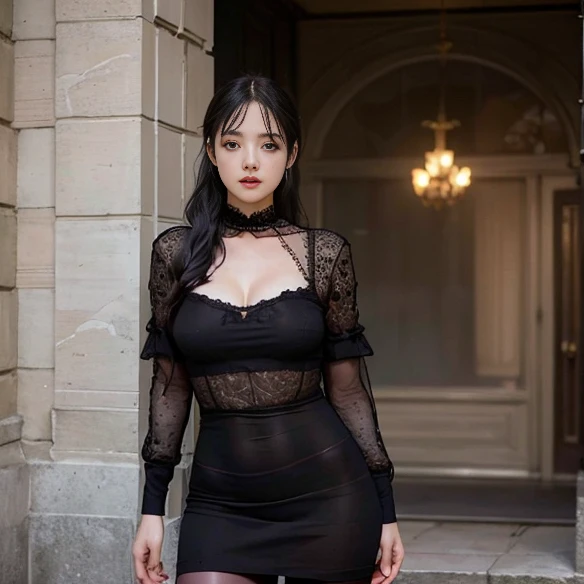 ((Top Quality、16K、​masterpiece:1.3))、a tall and beautiful woman、Perfect Figure:1.4、(gothic aesthetic) Slim Abs、(goth girl) black hairstyle、long hair、No postural movement、Stand up straight、Huge bust、Highly detailed facial and skin texture、(A detailed eye, Symmetry Eyes, Clear realistic eyes, Double eyelidd、Cold-stricken face、Symmetrical face), pale-white skin (illuminated, realistic shading sound), goth makeup, Royal sisters full of fans、The Telegraph Esbian、peach buttocks、(black gothic Knit Dress, Very Tight Knit), cleavage,  squart、(Raw foto:1.2)、((Photorealcitic:1.4))Top Quality、​masterpiece、Real Photography、very delicate and beautiful.、super detailed CG、Unity、8K photo wallpaper、delicate detail、best qualtiy、Highly detailed CG unity 8k wallpaper、absurderes、Incredibly Absurd、huge file size、extremely highly detailed、Hight Resolution、ighly Details、Beautiful detail girl、extremely detailed eyes and face、beautiful delicate eyes、Facial light、cinematic lightings、(big hips, thick thighs, beautiful legs, black pantyhose) 1girll、see -through,Watch your audience, Plane Air, high ponytail、ulzzang-6500、The Telegraph Esbian, different poses at different angles,