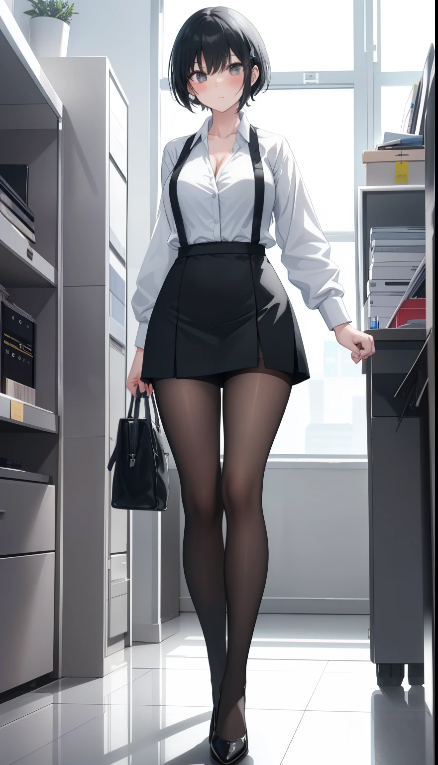 One Girl、positive、Standing posture、Full body portrait、Black Hair、Medium Haircut、blush、Absolute area、Black knee-high socks、Knee-length、stockings、Black Pantyhose、White underwear、Light blue shirt、Blue-gray business suit、Grey tight mini skirt、Japanese office lady、Summer clothes、office、Daytime、(Very large breasts)、Cleavage、open chest shirt、((Lesbians all over the world))、masterpiece、(highest quality)、
Panties around the ankles、Black high heels、Shirt buttons fly off