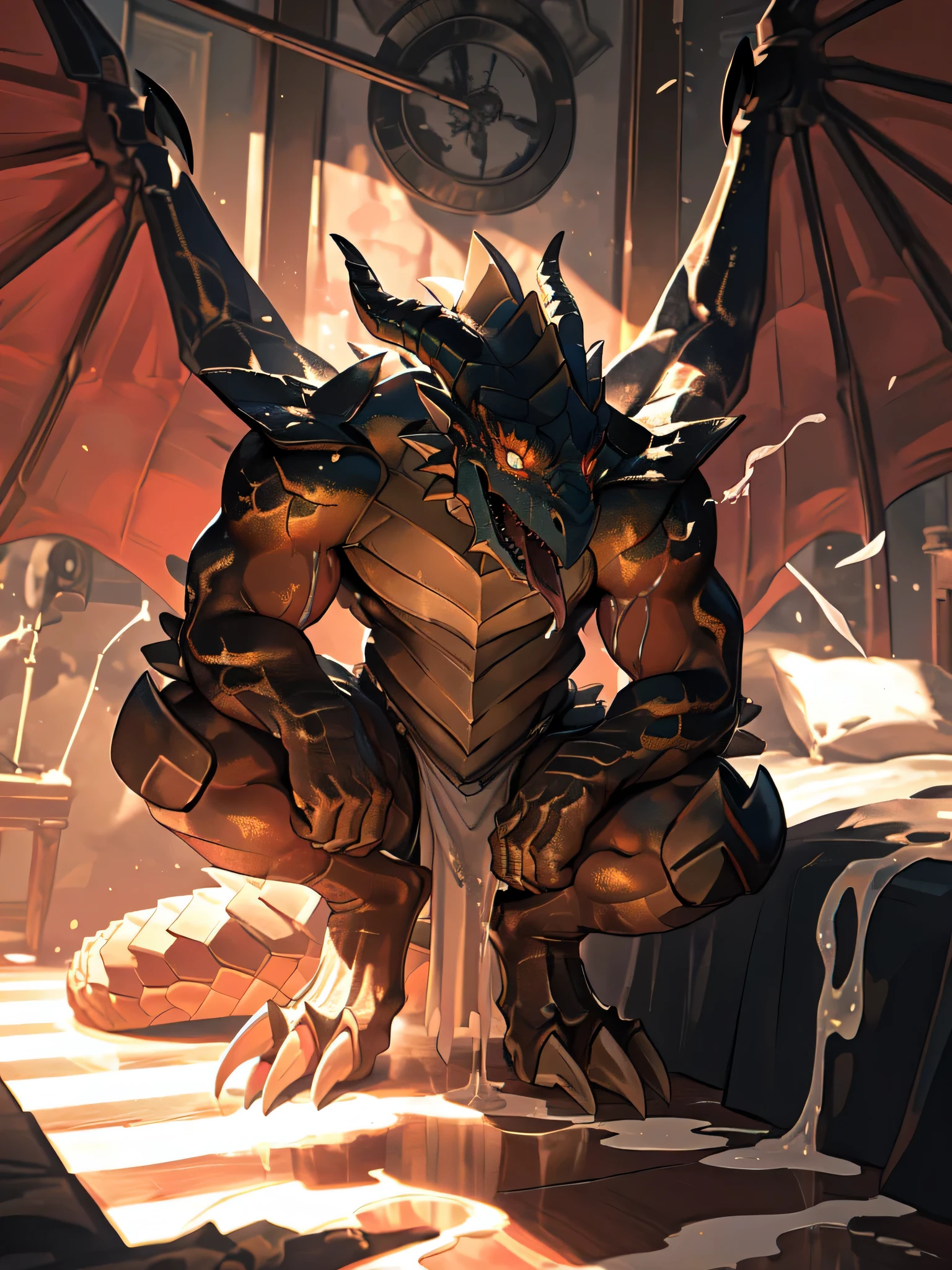 lonely, (muscular), (male human dragon):1.3, bright scales, (Kamiaki):1.3, (Common:1.4) (pray):1.23, (,wearing a short white loincloth), exquisite eyes, lizard tail,a pair of dragon horns, a pair of dragon wings, (exquisite eyes,stripe,sharp claws,cute animal feet,Stick out your tongue,sloppy person,Liquid splashed all over the body.,water leak from lower body,Fluid leaking from the lower body,Milk spilled on the floor,shining eyes):1.1, (In my room:1.35), in the bedroom,Squatting on the bed,dim,being licked,enjoy,addicted, My face turned red,color,submit,caress,drunk,laugh,enjoy,looking at camera,submit,It is interesting,detailed background,In reality,realistic hands,8k high dynamic range,(shadow,Wide dynamic range,high dynamic range,highlight:1.2)