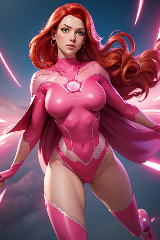 A woman in a pink siuit and red hair, solo, Atom Eve, cape, big light green eyes, medium breasts, pink earrings, covered navel, cropped legs, cotton, flying pose, front view!, stunning background, realistic colors, front view, light coming from the right, 8K image quality, Masterpiece