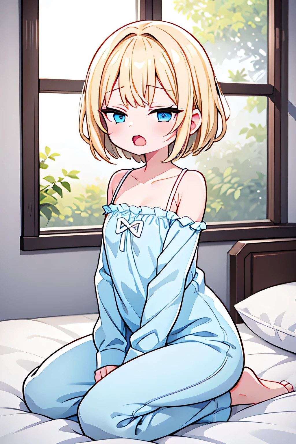 ((ultra detailed, masterpiece, best quality, 8k)), BREAK, 1girl, solo, flat breasts, clear skinned female:1.2, ,(clear skin:1.8), blonde hair, short hair, pixie cut, wavy hair, blue eyes, one eyes closed, wake up yawn, open mouth, covering mouth, pijamas, (white pijamas), window, morning, looking at viewer, sitting, seiza, waking up, on bed, full body, BREAK
