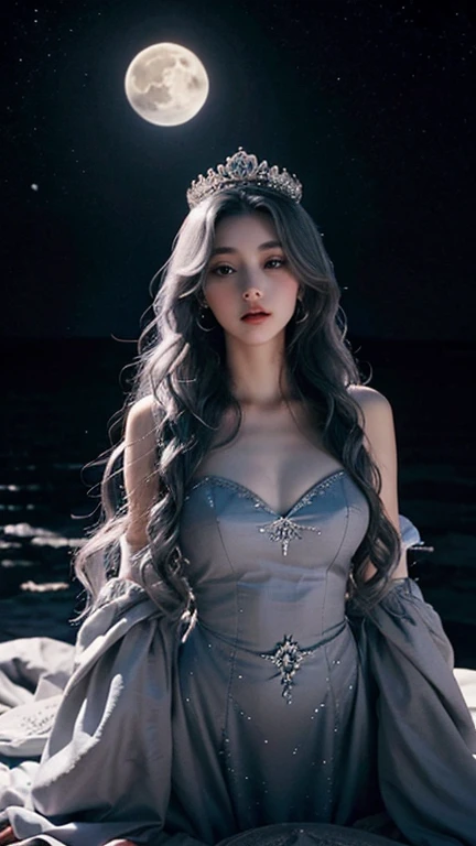 1 girls, the moon empress, wavy gray hair, beautiful faces, elegant dress, elegant crown, beauty in the dark, gorgeous faces, charismatic person, representation of the moon, perfect body, stunning eyes, full body looks, perfect anatomy, masterpiece, starry night background, HD quality, 4K wallpaper, prettiest girl in the world