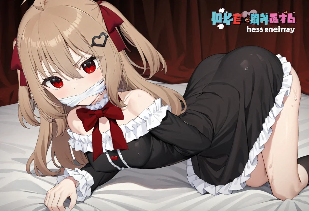 1girl, evil neuro-sama, (yuzu modoki), red eyes, light brown hair, ahoge, two side up, hair ribbon, dark red ribbon, heart hair ornament, black dress, frilled dress, off-shoulder dress, bare shoulders, frilled choker, long sleeves, red bow, red buttons, black heart, black socks, frilled socks, grey footwear, loafers, (masterpiece, best quality), highly detailed, finely detailed, arm behind back, wet, angry, gagged, looking at viewer, see-through dress, covered nipples, underwear, cleavage, top-down bottom-up,